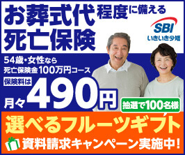 SBIいきいき少短 お葬式代程度に備える死亡保険　54歳・女性なら死亡保険金100万円コース 保険料は月々490円　資料請求キャンペーン実施中！